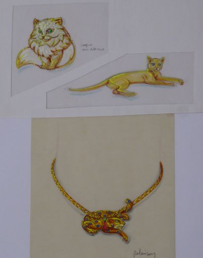 null Preparatory drawing Three clips cats and panther, gold, mother of pearl, stones....