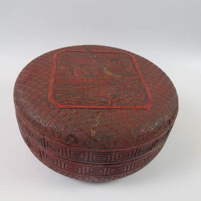 null Circular box made of finely carved cinnabar lacquer. D 17cm. H 7.5cm. Lid decorated...