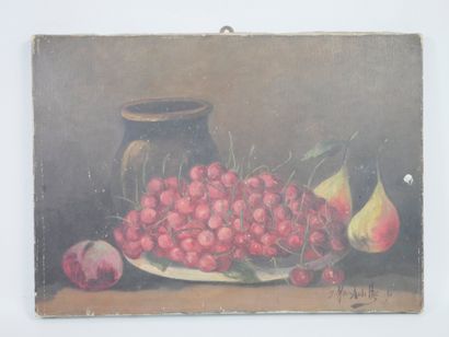 null French school, beginning of the 20th century. Still life with cherries and pear....