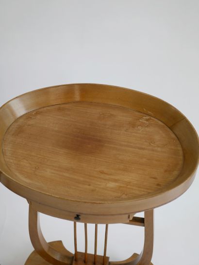 null Pair of natural wood working tables opening to a drawer in belt, oval tray cabaret...