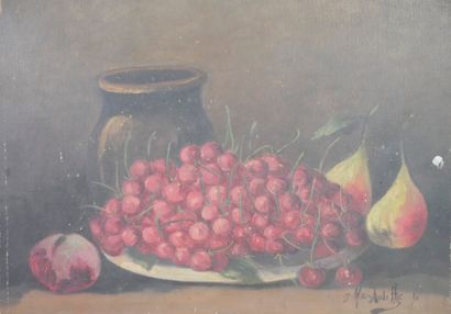 null French school, beginning of the 20th century. Still life with cherries and pear....