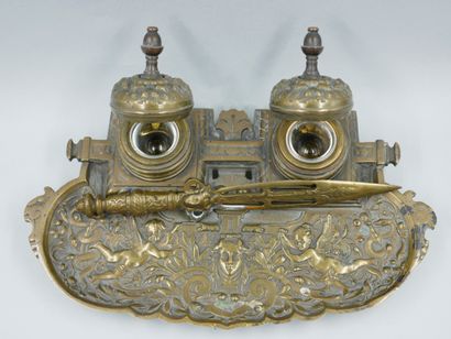 null A Louis XIV style gilt bronze inkwell decorated with cut-out leathers, cherubs...
