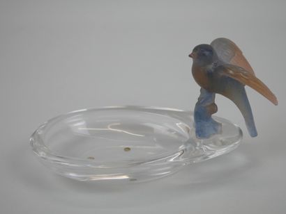 null DAUM France. Pocket empty in colorless crystal, surmounted by a bird in blue...