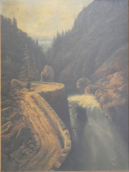 null Ecole Française du XXè siècle. Paysage à la cascade. Huile sur toile. 100 x...
