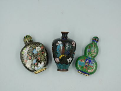 null CHINA. Two snuffboxes in cloisonné bronze and polychrome enamels decorated with...