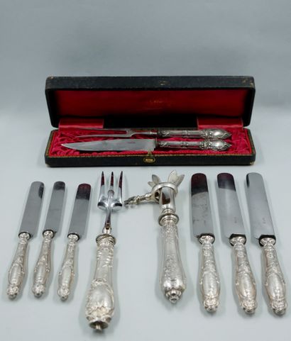null Set of Louis XV style silver cutlery including two separate leg of lamb serving...