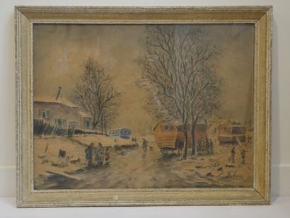 null Edouard Febvre (1885-1967). Montmartre, le maquis sous la neige, aquarelle,...