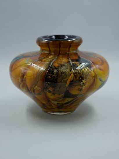 null BRANLEY (20th). Vase with flattened body out of glass with intercalated gilded...