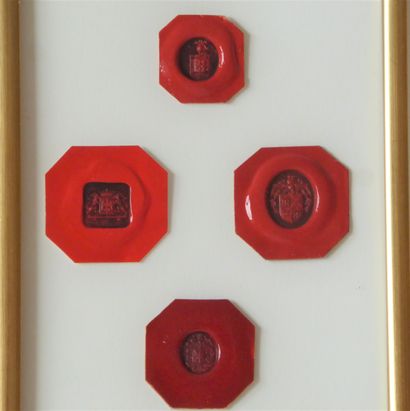 null Four wax seals, coat of arms of knights. In a frame