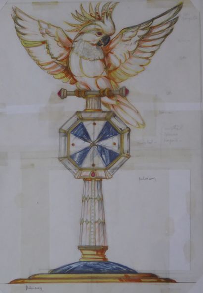 null Philippe DELOISON (20th). Drawing for the clock Cockatoo with spread wings gold,...