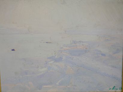 null French school XXth century. Opal Coast in foggy weather. Oil on isorel. 49 x...