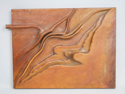 null Russian school Xxè century. Abstract composition in brown leather on wood panel....