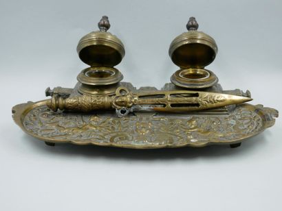 null A Louis XIV style gilt bronze inkwell decorated with cut-out leathers, cherubs...