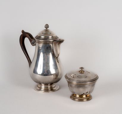 null Silver coffee pot with pearls decoration, black wooden handle and its silver...