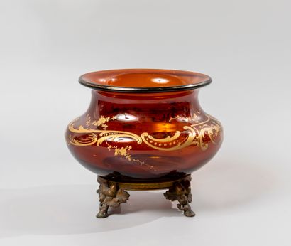 null BACCARAT. Pot cover in red crystal ruby spun enamelled with gold with decoration...