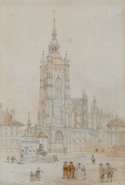 null French school XIXth century. PRAGUE. View of the cathedral animated with characters...