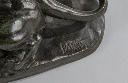 null BARYE after, Lioness devouring a hare. Proof in bronze with brown patina. Signed...