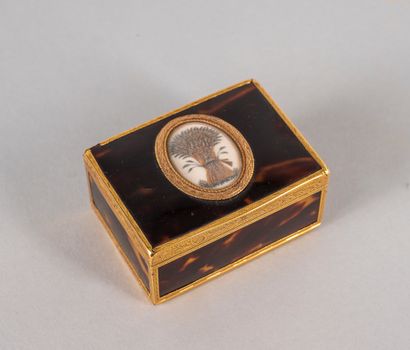 null Rectangular tortoiseshell fly box, mounted with a chased and guilloched yellow...