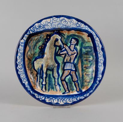 null QUIMPER and Jos LE CORRE. Earthenware plate representing a man on horseback....