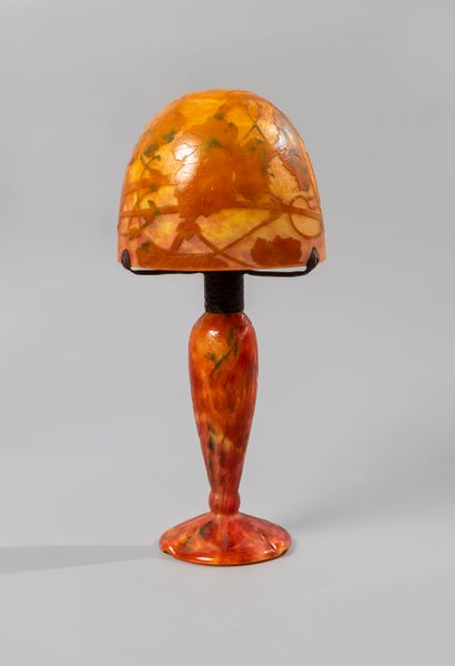 null DAUM Nancy. Rare small mushroom lamp in multi-layered glass engraved with acid...