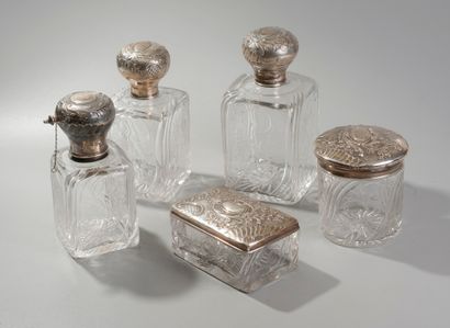 null Important silver and cut crystal toiletry set including three bottles, a powder...