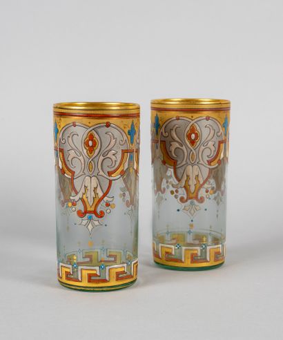 null Philippe-Joseph BROCARD (1831-1896). Pair of white glass vases enamelled with...