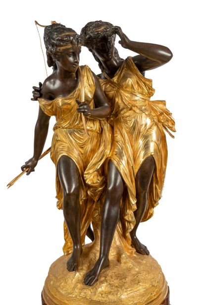 null Important mantelpiece representing Diana the Huntress in chased bronze with...