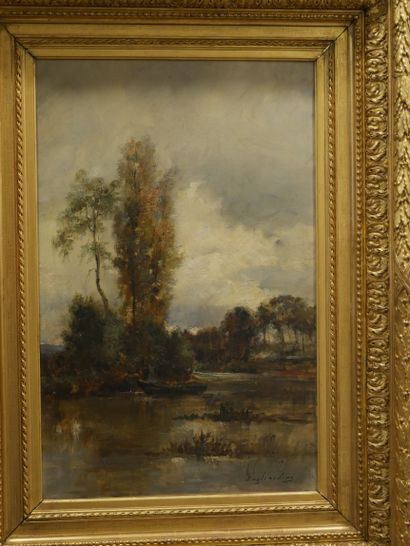 null Julien Gustave GAGLIARDINI (1846-1927). Paysage à la barque. Huile sur toile....