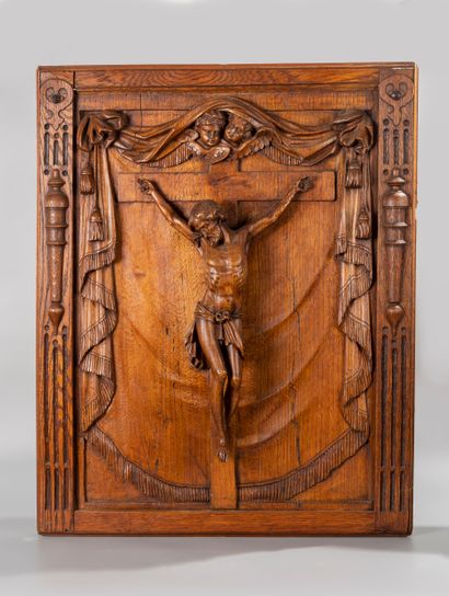 null High relief representing the CHRIST in CROSS in carved oak. It is surrounded...