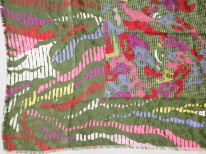 null Charles JOURDAN. Large silk scarf with colored patterns on a green background...