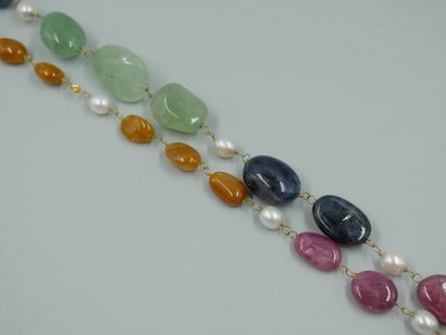 null 18K yellow gold long necklace set with baroque cultured pearls, emeralds, sapphires...