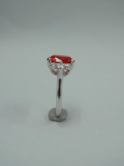 null An 18k white gold ring set with a 2.5ct Mexican fire opal and navette diamonds....