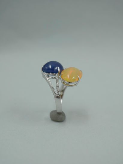 null Ring "You and Me" in 18k white gold with an opal cabochon of about 5cts and...