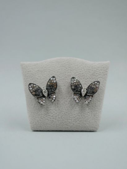 null Paire de boutons d'oreilles Papillons en or blanc 18k pavés de diamants de couleurs...