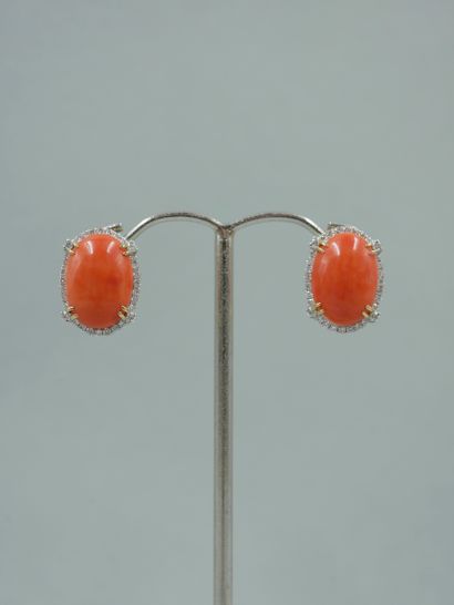 null Pair of earrings in 18K yellow gold set with coral cabochons "angel skin" underlined...