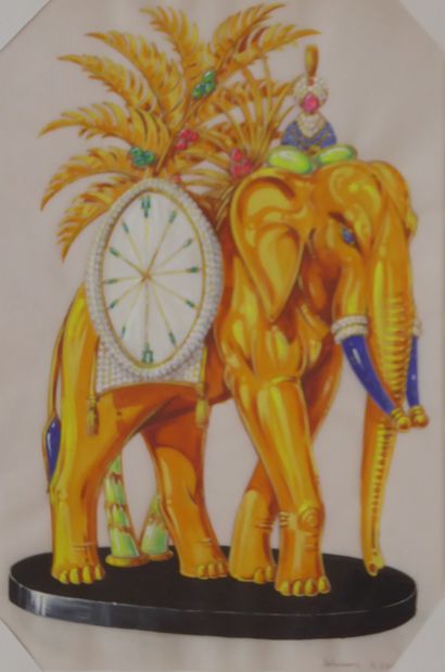 null Philippe DELOISON (20th). Elephant clock, gold, platinum, diamonds, emeralds,...