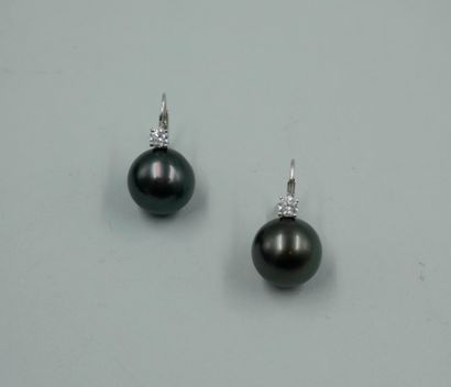 null A pair of large Tahitian pearls, about 15 mm in diameter, mounted as 18k white...