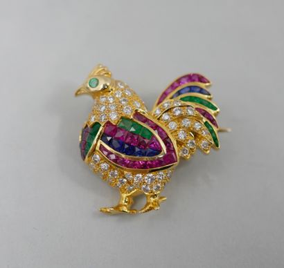 null 14k gold brooch featuring a rooster set with diamonds, sapphires, emeralds and...