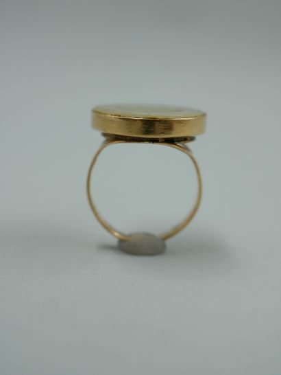 null 18k yellow gold ring set with a mother-of-pearl intaglio engraved with a coat...