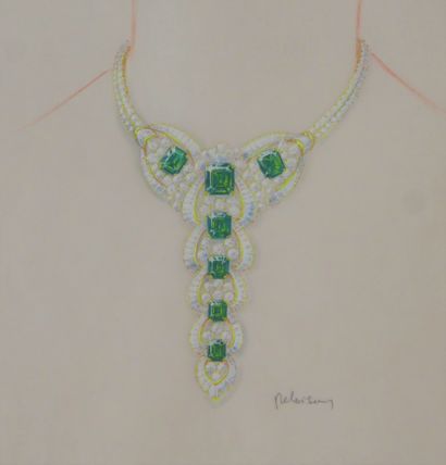 null Philippe DELOISON (20th) for VCA. Necklace cascade of emeralds in fall and diamonds,...
