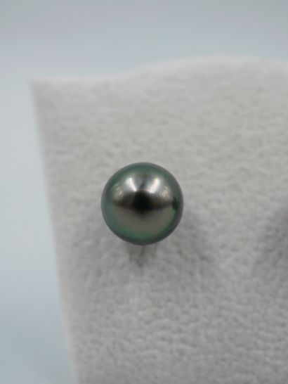 null Pair of 18K white gold earrings each set with a Tahitian cultured pearl of about...