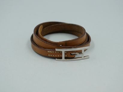 null HERMES Paris. Bracelet "Hapi 3" in light brown leather, clasp in silver plated...