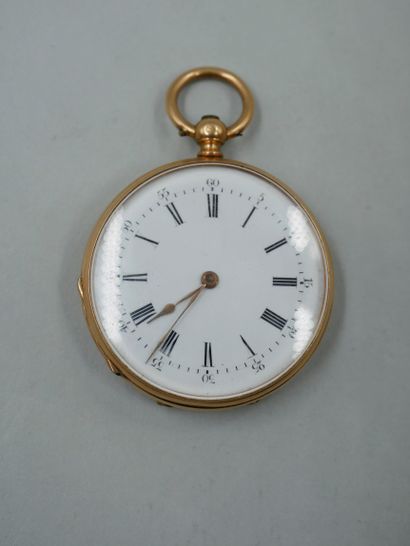 null Pocket watch in 18K yellow gold, the dial with white enamel background and Roman...