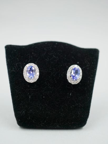 null Pair of 18K white gold earrings set with an oval tanzanite in a brilliant-cut...