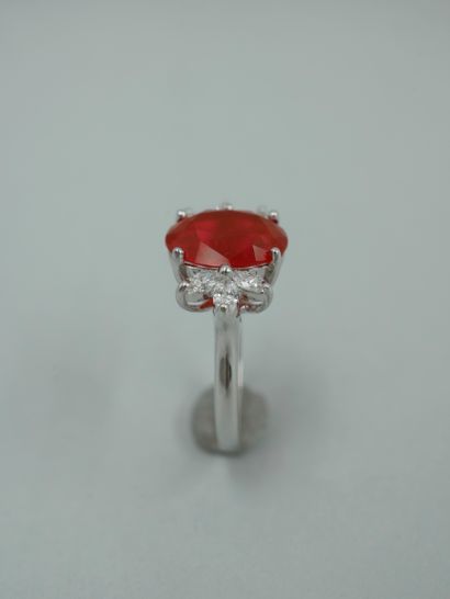 null An 18k white gold ring set with a 2.5ct Mexican fire opal and navette diamonds....