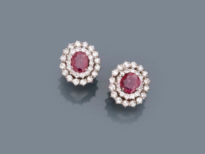 null Pair of 18K white gold earrings set with oval rubies for a total weight of about...