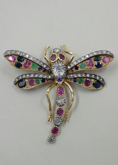 null 18k yellow gold and silver dragonfly brooch with a 0.90ct half-cut diamond in...