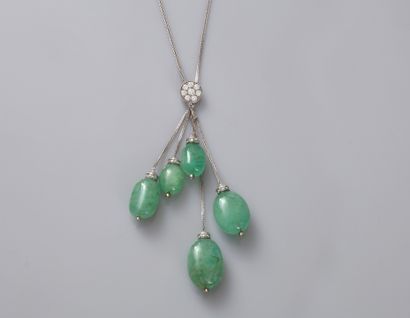 null Necklace in 18k white gold holding five pearls of emerald roots, diamond-paved...