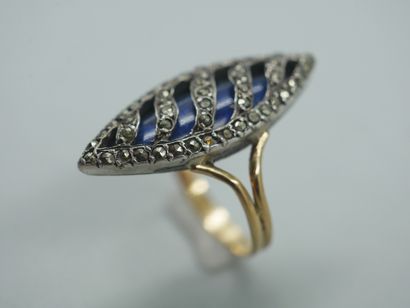 null Antique marquise ring in 18k yellow gold with marcasites on a blue enamel background....