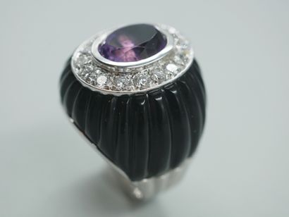 null Dome ring in the taste of BOUCHERON in 18k white gold decorated with onyx topped...